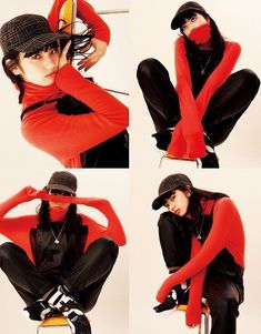 four photos of a woman in red sweater and black pants sitting on a stool with her hands behind her head