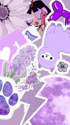 an assortment of purple stickers and flowers