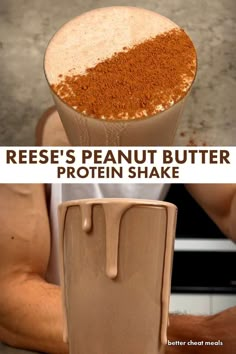 a person holding a blender with peanut butter in it and the words reese's peanut butter protein shake