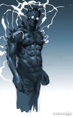 a drawing of a man with lightning coming out of his chest and hands on his hips