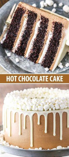 there is a chocolate cake with white frosting on the top and one has been cut into