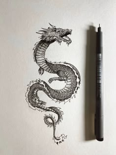 a drawing of a dragon on paper next to a marker and pen, with the letter s drawn in black ink