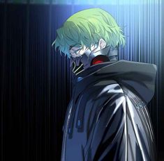 an anime character with green hair standing in front of a black wall and wearing a blue jacket