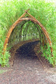 an arch made out of bamboo sticks in the middle of a path surrounded by tall grass