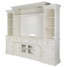 a white entertainment center with glass doors and cupboards on both sides, in front of a white background