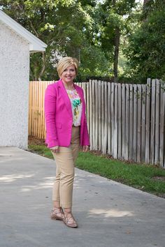 hot pink blazer and tan pants Women's Business Casual