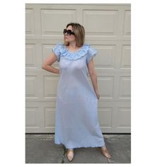 Rare Vintage Christian Dior Mid Century Blue Ruffle Cotton Night Gown Size: 38, Usa S (6) Fabric: 75% Polyester 25% Cotton Stretch: No Condition: Pre-Owned, Excellent! No Visible Signs Of Wear Approx Msmts Taken Flat Pit To Pit: 18" Shoulder To Hem Length: 56" No Addlt. Msmts/Photos Crosslisted On Multiple Platforms Ships In 1-2 Biz Days Reasonable Offers & Bundles Welcome! No Trades! Follow For More Insta: @Jlynnfarmer 60s 70s Light Blue Baby Blue Pjs Pajamas Ruffle Eyelet Cottagecore Vintage Elegant Blue Sleepwear For Sleepover, Blue Ruffled Sleepwear For Loungewear, Feminine Blue Sleepwear For Spring, Elegant Light Blue Summer Sleepwear, Blue Nightgown For Summer Daywear, Feminine Blue Sleepwear, Light Blue Sleep Dress, Feminine Blue Sleepwear For Night, Light Blue Nightgown For Home