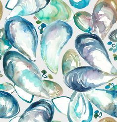 watercolor painting of seashells and leaves