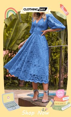 Solid Color Mid-sleeve Elegant Lace Midi Dress Lace Midi, Lace Midi Dress, Shop Now, Midi Dress, Solid Color, Lace, Clothes, Color