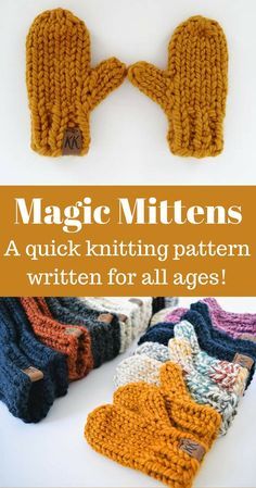 knitted mittens with text reading magic mittens a quick knitting pattern written for all ages