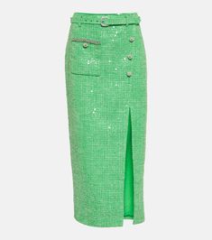 Sequined embellished bouclé midi skirt in green - Self Portrait | Mytheresa Self Portrait Clothing, Flare Maxi Skirt, Portrait Dress, Alexander Mcqueen Clothing, Soft Gamine, Denim Midi Dress, Metallic Skirt, Boucle Jacket, Chiffon Midi Dress