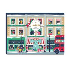 a christmas card with an image of a store front