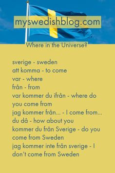 the swedish flag flying in front of a blue and yellow sky with words written below it