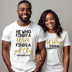 He Who Finds Couple Matching Shirt, Matching Couples Shirt, Valentines, Valentine Matching Shirt, Valentines Shirt, Husband and Wife Shirt - Etsy Husband And Wife T Shirts, Wife To Be Shirts, Color Coordinated Outfits For Couples, Couple Outfits Matching Classy, He Who Finds A Wife, Husband And Wife Shirts, Couples Matching Outfits Swag, Husband Shirts, Matching Couple Shirts