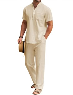 PRICES MAY VARY. 【Premium Cotton Fabric】-- Men's 2 piece cotton linen set are made of great fabric, lightweight, breathable and soft touch, moisture-wicking. This beach linen outfits signals the start of holiday! Make sure add this linen 2 piece outfits to your wardrobe for summer look. 【Casual 2 Piece Outfits】-- Men's henley shirts featuring with stand collar, button closure, short sleeve with chest pocket, simple style, solid color, slim fit, rounded hem. The loose fit beach pants features ela Linen Vacation Outfits Men, Beach Clothes For Men, Cruise Men Outfit, Puerto Rico Men Outfits, Hawaii Shirt Style Men, Men’s Resort Casual Style, Casual Beach Wedding Attire, Men’s Bahamas Outfit, Men’s Resort Wear