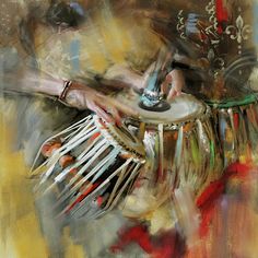 an abstract painting of a person holding a drum and playing the tammole with their hands