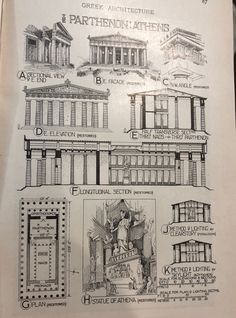 an old book with drawings of architectural styles