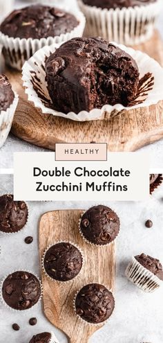 double chocolate zucchini muffins on a cutting board with the title above it