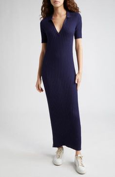 A well-balanced blend of cotton and silk brings soft luxury to a widely ribbed dress topped with a split-neck stand collar and abbreviated sleeves. 52" length (size Medium) Slips on over head Split neck; stand collar Elbow-length sleeves 70% cotton, 30% silk Dry clean Imported Elegant Midi Dress With Ribbed Neckline, Ribbed Maxi Dress For Work, Elegant Ribbed Dress For Work, Elegant Ribbed Dresses For Workwear, Elegant Long Ribbed Dress, Elegant Ribbed Maxi Dress For Work, Elegant Fitted Midi Dress With Ribbed Neckline, Elegant Ribbed Workwear Dress, Elegant Dress With Ribbed Neckline For Spring