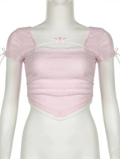 Heart pointelle fabrication Lace patchwork,  Hollow-out square neck, Crossover by bow, Cute bows on sleeves Material: Polyester cotton spandex Color: Pink Size: S, M, L Unit: CM Bust Waist Shoulder Length Sleeve S 75 62 34 43 14 M 79 66 35 44 14.5 L 83 70 36 45 15 Tips: 1cm ≈ 0.3937 inch Kindly note: There may be 2-3cm Spring Square Neck Fitted Crop Top, Spring Trendy Patchwork Crop Top, Trendy Spring Patchwork Crop Top, Pink Fitted Patchwork Top, Fitted Pink Patchwork Top, Fitted Cotton Crop Top With Square Neck, Fitted Patchwork Crop Top For Spring, Pink Stretch Patchwork Tops, Pink Square Neck Crop Top