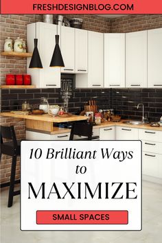 a kitchen with white cabinets and black counter tops is featured in the magazine 10 brilliant ways to maximumize small spaces