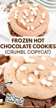 two cookies with chocolate frosting and marshmallows on top, one has been made into a frozen hot chocolate cookie