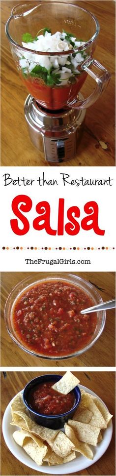 two pictures showing different types of salsa and tortilla chips on a plate with the words better than restaurant salsa