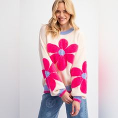 Such An Adorable Sweater! This One Is Roomy And Will Keep You Cozy! Winter Bridesmaids, Mohair Fabric, Flower Sweater, Sweater Oversize, Spring Boho, Fuzzy Sweater, Daisy Pattern, Oversized Pullover, Mesh Long Sleeve