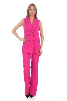 Elevate your professional attire with our Women's Fuchsia Regular Fit Vest and Flare Pants Suit. Designed for the contemporary woman who values both style and comfort, this versatile ensemble is ideal for office settings and formal occasions. Crafted from premium materials, the regular-fit vest complements the flare pants perfectly, offering a flattering silhouette that enhances your confidence. Whether you're leading meetings or attending networking events, this outfit ensures you look polished Pink Fitted Trousers Pantsuit, Pink Fitted Pantsuit, Tailored Pink Bottoms For Office, Pink Tailored Bottoms For Office, Pink Straight Dress Pants For Office, Pink Fitted Office Bottoms, Chic Pink Dress Pants For Office, Chic Pink Dress Pants For Work, Tailored Pink Workwear Pants