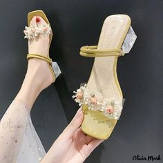 Olivia Mark - Chic Floral Dual-Purpose Sandals: Perfectly Paired with Dresses for an Effortlessly Stylish Look Yellow Summer Wedding Heels, Yellow Heels For Summer Wedding, Yellow Summer Heels For Wedding, Trend Sandals, Transparent Heels Sandals, Slippers For Ladies, Transparent Heels, Fairy Style, Fashion Shoes Heels