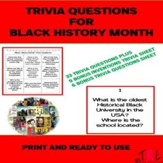 the trivia questions for black history month is shown in red and white with an image of