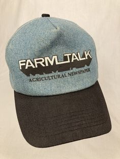 Vintage VTG Farm Talk Agricultural Newspaper Denim Snapback Farmers Truckers Hat- Made in the USA by K-Products. Cap features a Farm Talk logo on front and an adjustable double snap-back closure. Cap is made of denim. Hat is in Very Good Condition with minor wear due to age. Please see pictures for Condition Concerns. Ships Nationwide with USPS First Class Mail. Thanks for looking and God Bless! GENERAL DISCLAIMER: While we do our best to inspect everything for quality control, and describe its condition in the listing, these are pre-owned items and occasionally there may be some condition issues that we have missed. You are purchasing this item As-Is. While we do not have an official return policy, if anything is grossly misrepresented we will do everything in our power to make things rig Vintage Curved Bill Snapback Hat For Spring, Vintage Denim Blue Cotton Hat, Adjustable Denim Trucker Hat, Adjustable Denim Baseball Cap With Flat Bill, Vintage Snapback Hat For Spring Streetwear, Denim Snapback Baseball Cap For Spring, Denim Curved Bill Hats For Spring, Adjustable Denim Trucker Hat With Curved Brim, Cotton Trucker Hat For Spring