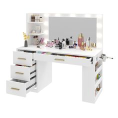 a white vanity with drawers and lights on it