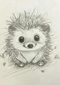 an ink drawing of a hedgehog sitting on the ground with its eyes wide open