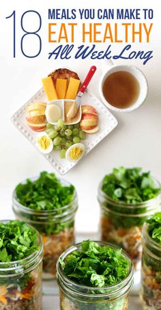 mason jars filled with food and vegetables on top of a table