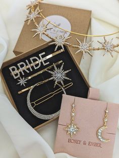 the bride and groom's hair accessories are in their box