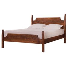 a wooden bed frame with white sheets and pillows on top of it, against a white background