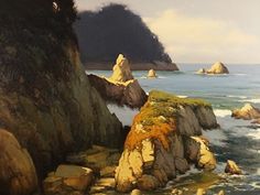 an oil painting of the ocean and rocks