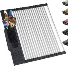 an assortment of different colored pencils and pens in a black holder on a white background