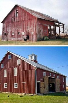 two pictures side by side one has a barn and the other has a horse