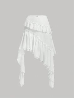 Plus Size Women's Asymmetrical Ruffle Hem Skirt White Casual   Woven Fabric Plain Asymmetrical Non-Stretch  Women Plus Clothing, size features are:Bust: ,Length: ,Sleeve Length: White Skirts Aesthetic, Ruffle Skirt White, White Coquette Skirt, White Skirts Long, Mermaidcore Skirt, White Ruffle Skirt Outfit, Jellyfish Skirt, White Layered Skirt, Flowy Clothes