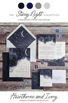 Wedding invitation suite in a dark midnight blue watercolour theme with celestial moon and stars touches. The set includes an invitation, lined envelope, details and RSVP card with matching return addressed envelope. Midnight Wedding, Wedding Theme Color Schemes