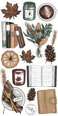 an illustration of various items that are in the shape of leaves and books on a white background