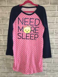 JUSTICE GIRLS - EMOJI - NIGHTGOWN  GIRLS SIZE 12  NEED MORE SLEEP  LONG SLEEVES GLITTER LETTERS GOOD USED CONDITION , THERE IS LOTS OF PILLING/WASH WEAR PLEASE CHECK OUT MY STORE FOR MANY MORE THINGS FOR SALE!!!!!!!!! BIN#17 Cute Printed Sleepwear For Sleepovers, Cotton Graphic Print Sleepwear For Sleepovers, Cotton Sleepwear With Graphic Print For Sleepover, Printed Long Sleeve Sleepwear For Sleepover, Polka Dot Cotton Sleepwear For Pajama Party, Pink Graphic Sleepwear For Loungewear, Pink Graphic Print Sleepwear For Loungewear, Fun Long Sleeve Sleepwear For Pajama Party, Graphic Print Long Sleeve Sleepwear For Lounging