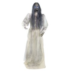 a woman in a white dress with long hair and makeup is wearing a creepy mask