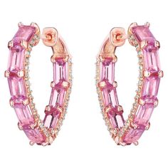 Metal: 18KT Rose Gold Total Carat Weight: 6.93ctw (Earrings are sold as a pair) Number of Pink Sapphires: 16 Carat Weight: 6.30ctw Shape: Baguette Number of Round Diamonds: 116 Carat Weight: 0.63ctw Pink Sapphire Hoop Earrings, American Modern, Diamond Hoop Earrings, Pink Earrings, Body Jewellery, Gorgeous Jewelry, Jewelry Earrings Hoops, Pink Sapphire, Round Diamond