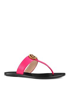 Gucci - Women's Marmont Leather Thong Sandals Luxury Leather Sandals With Leather Trim, Luxury T-strap Sandals For Beach, Classic Gucci Leather Sandals, Gucci Luxury Sandals With Leather Sole, Designer Leather T-strap Sandals, Designer Leather Flip Flops For Beach, Designer Leather Flip Flops For The Beach, Gucci Designer Sandals With Single Toe Strap, Designer Gucci Sandals With Single Toe Strap