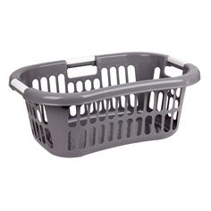 a gray plastic basket on a white background