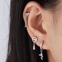 Show off your celestial style with this unique star and crescent moon earring. Perfect for a night out and makes a great gift. Detail： -Post material: 14k gold plated stainless steel or stainless steel -Used in healed piercings. -Tarnish proof and durable so you can wear it everyday without worry! Quantity & Measurement：-Gauge: 20g | 0.8mm-Post length: 6mm-Stars & three zircon sizes: 5.5*5.8mm-Length: 20mm-Include: single item-Hypoallergenic-Closure: screw ball back * Piercings are sold individu Dangle Piercing Stud, Affordable Moon Charm Drop Earrings, Cheap Moon Charm Drop Earrings, Celestial Style, Back Piercings, Moon Earring, Moon Drop, Crescent Moon Earrings, Moon Earrings