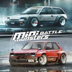 two different cars side by side with the words moto battle monsters on them